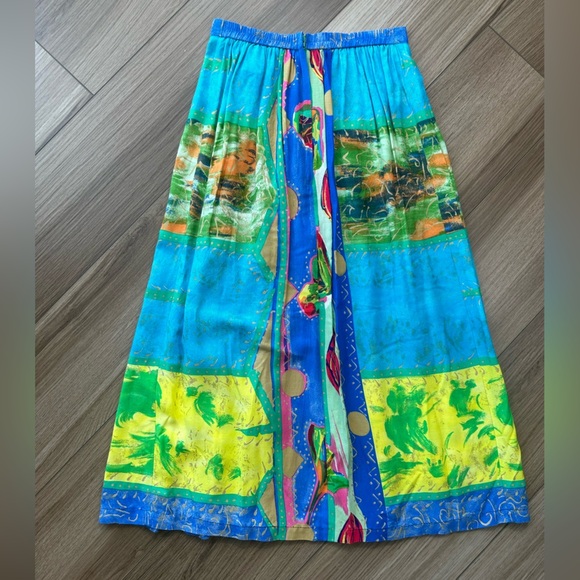 Vintage Blue Yellow Green Pink Colorful Printed High Waisted Midi Skirt - Picture 7 of 12